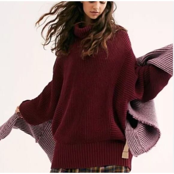 Free People Sweaters - Free People Burgundy Turtleneck Oversized Chunky Knit Sweater Women’s XS